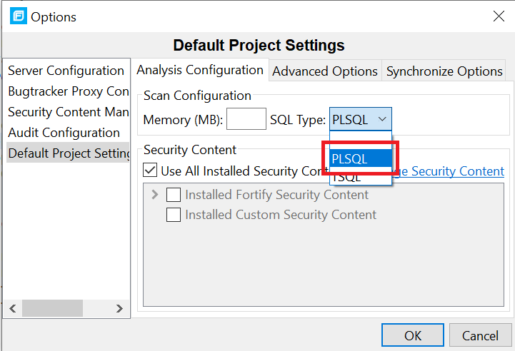Eclipse Options default project settings with SQL type set to PLSQL